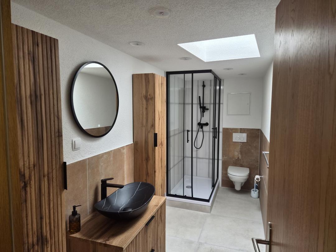 Bad mit Dusche, Waschbecken und Toilette. Holz und Steinoptik.