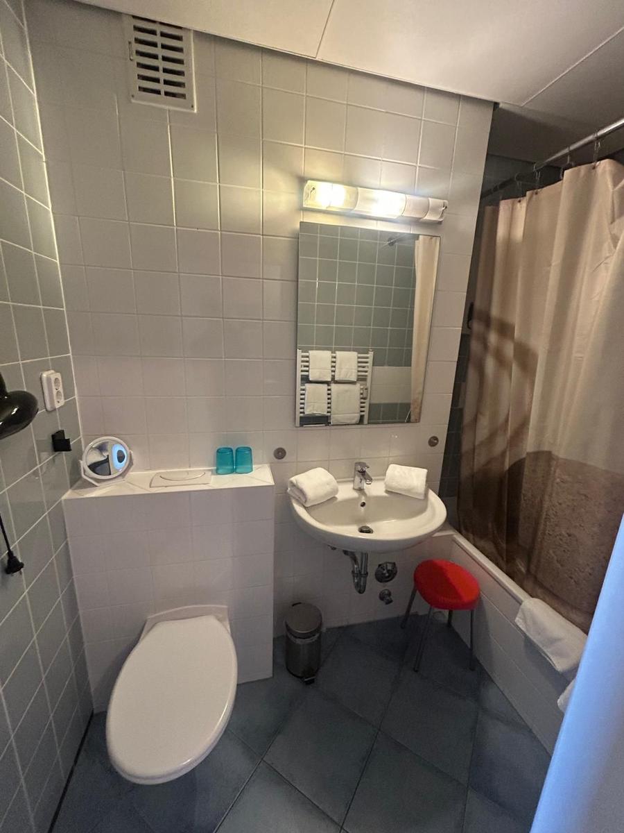 Badezimmer mit Toilette, Waschbecken und Dusche mit Vorhang.