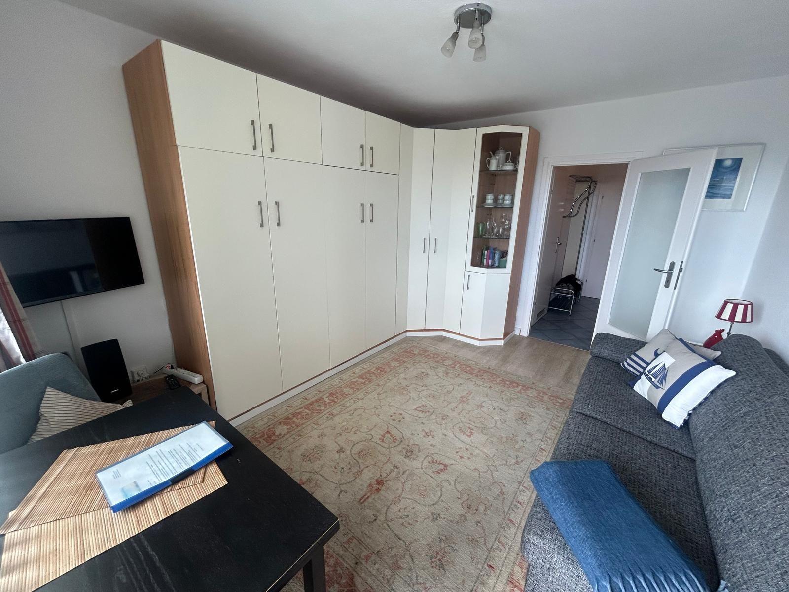 Wohnzimmer mit Sofa, TV und großen Schränken. Teppich und Beistelltisch sind sichtbar.