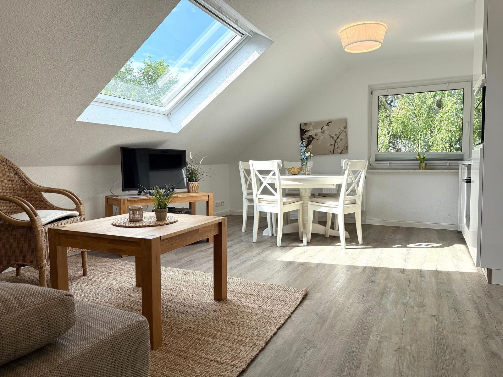 Wohn- und Essbereich mit Dachfenster, Tisch, Stühlen und Fernseher.