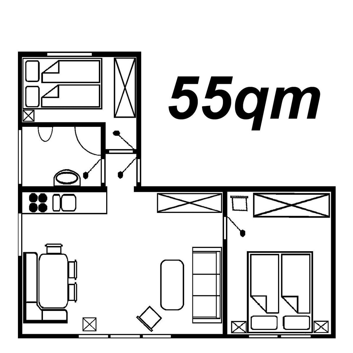55qm Wohnung mit Küche, Bad, Schlafzimmer und Wohnzimmer.