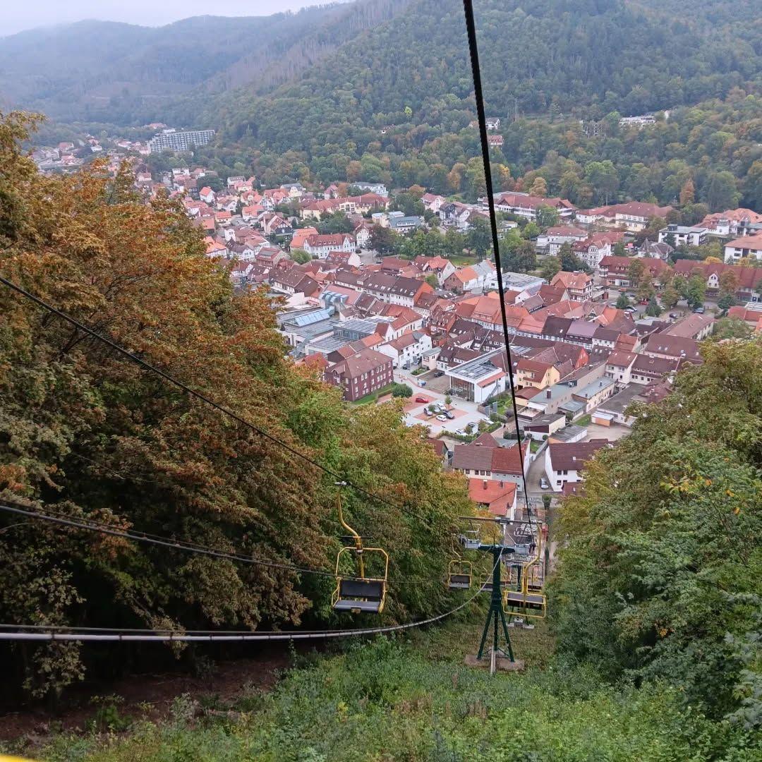 Seilbahn mit Blick auf das Dorf und die bewaldeten Berghänge.