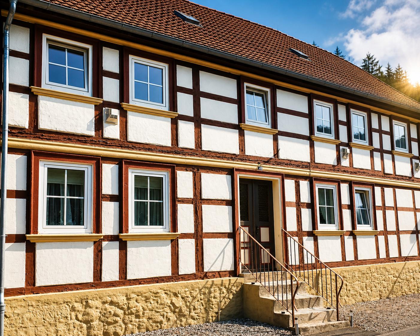Fachwerkhaus mit rotem Dach und mehreren Fenstern. Eingang mit Treppe.