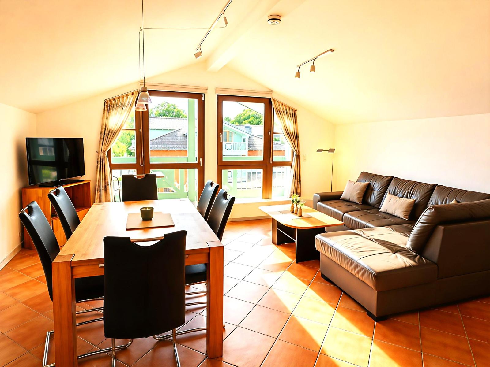 Wohn- und Essbereich mit Sofa, Esstisch und TV. Große Fenster mit Blick.