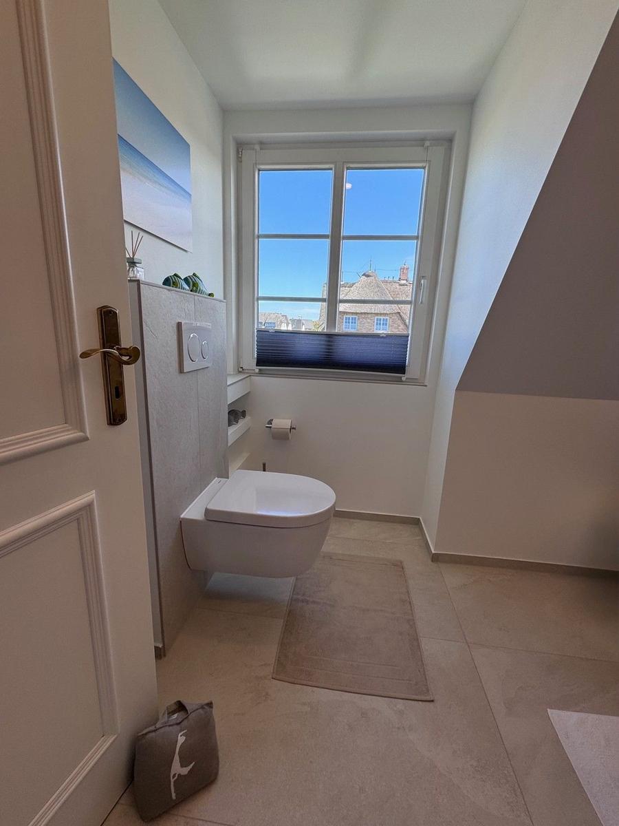 Badezimmer mit Toilette, Fenster und Teppichboden.
