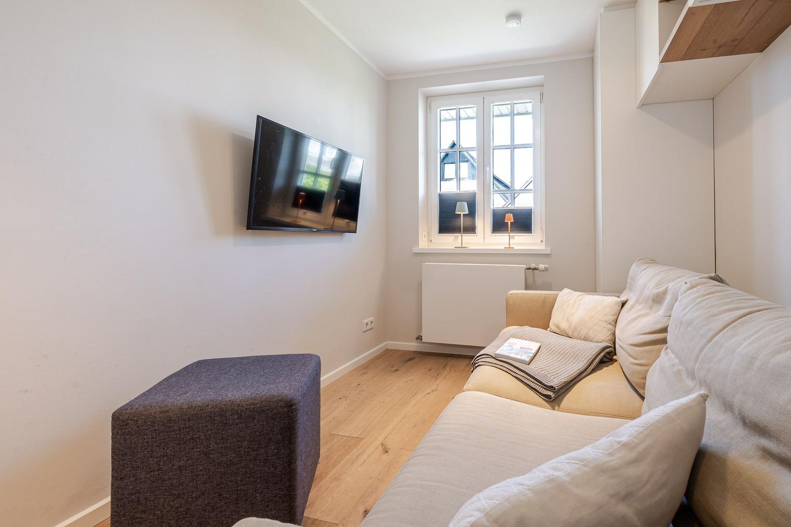 Wohnzimmer mit Sofa, Fernseher und Fenster