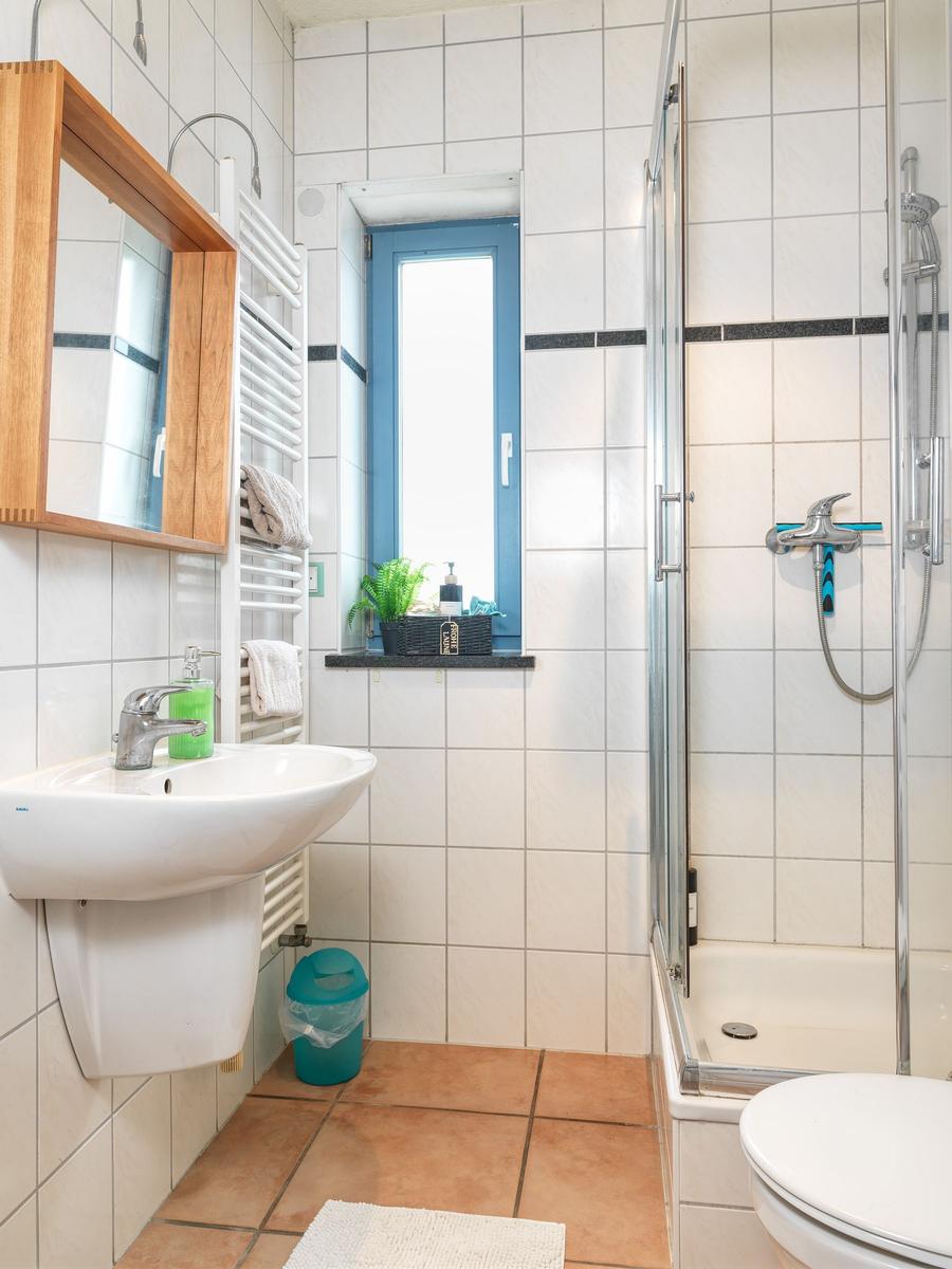 Badezimmer mit Dusche, Waschbecken und Toilette. Blaues Fenster und Holzspiegelkasten.