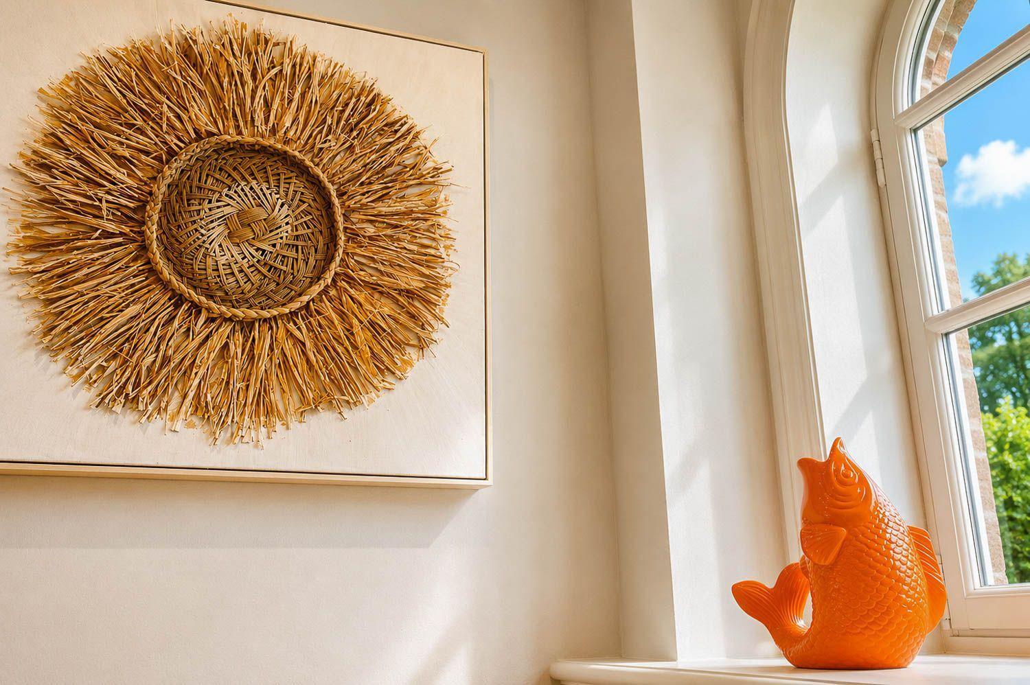 Wandbild mit Strohdekor neben einem Fenster mit orangefarbener Fischfigur.