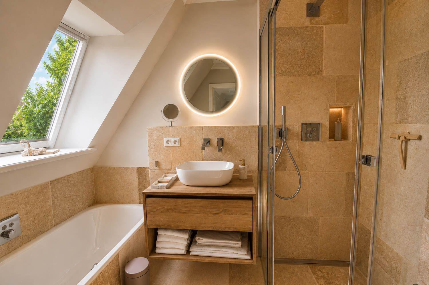 Badezimmer mit Dusche, Badewanne und Waschbecken unter Dachschrägen.