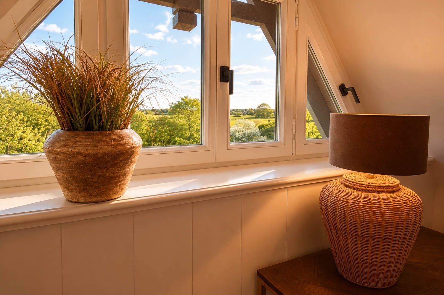 Dachfenster mit Blick auf grüne Landschaft, Pflanze im Topf und Lampe auf Tisch.
