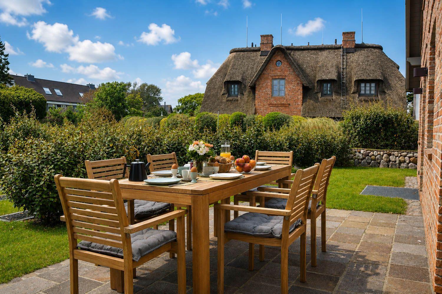 Haus mit Strohdach, Garten mit Tisch und Stühlen, Frühstückszubereitung