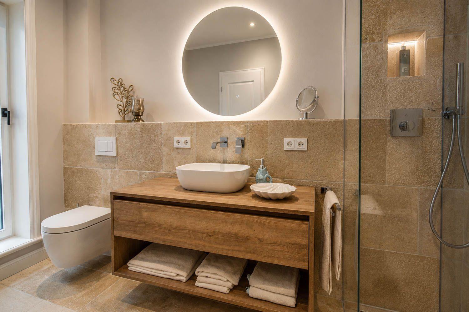 Badezimmer mit Waschbecken, Spiegel, Dusche und Toilette.