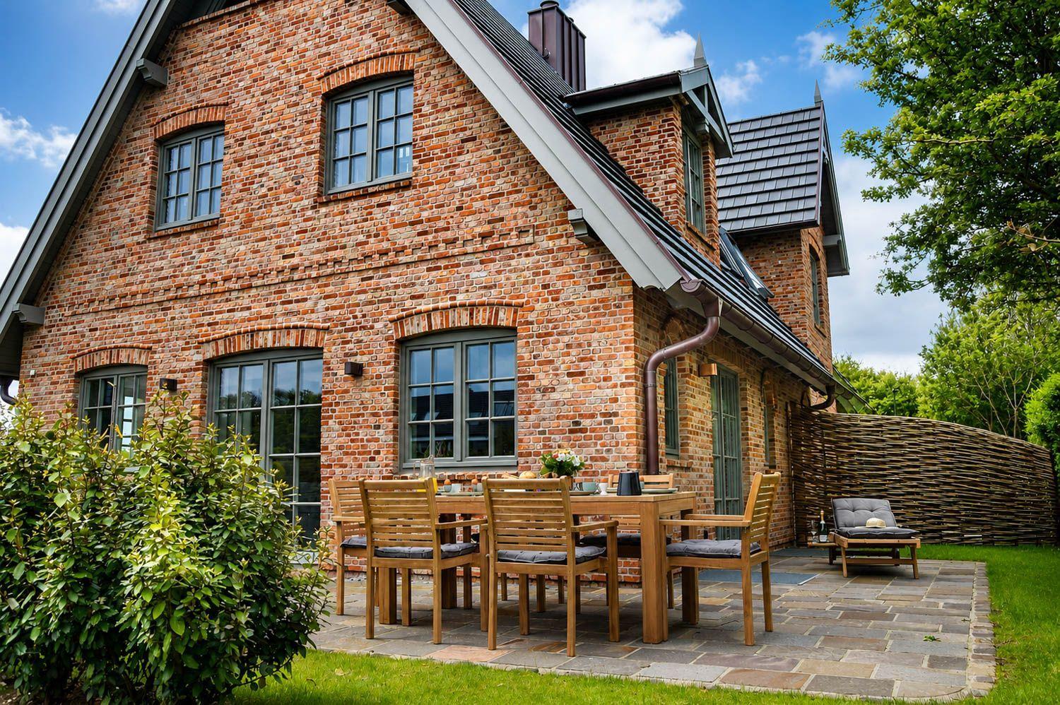 Ein Backsteinhaus mit Terrasse, Holztisch und Stühlen. Hinterhof mit Holzzaun und Grünflächen.