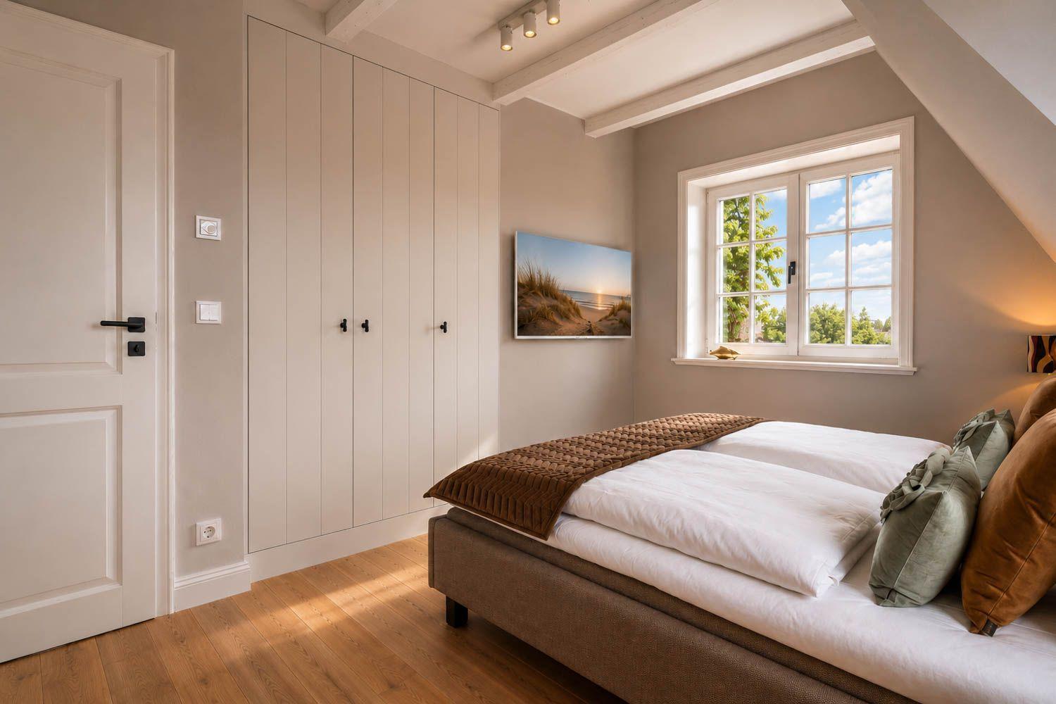 Schlafzimmer mit Bett, Kleiderschrank und Fenster mit Blick auf Grün.