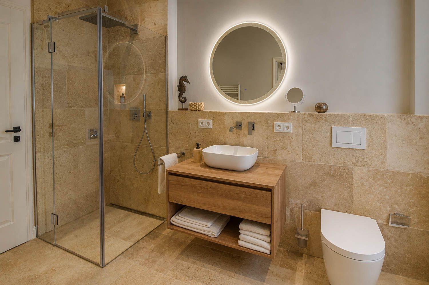 Bad mit Dusche, Waschbecken und Toilette. Holzunterschrank und runder Spiegel.