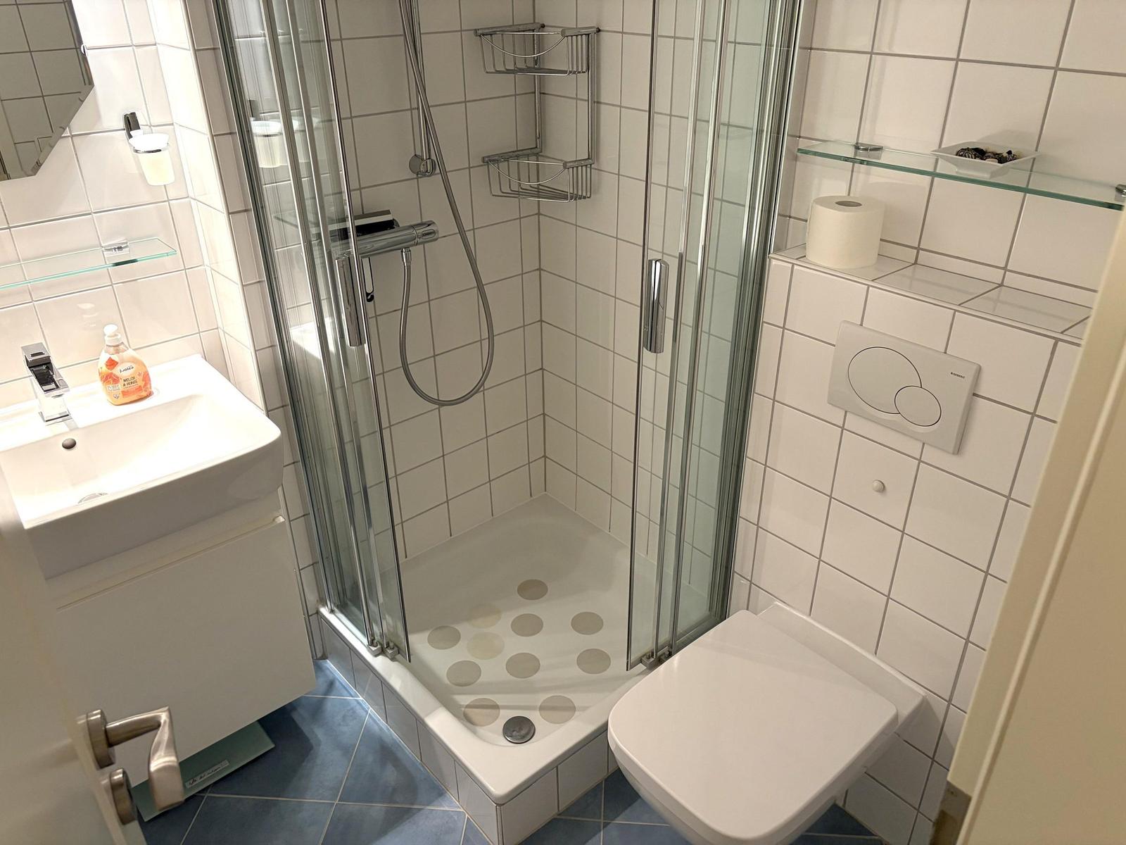 Badezimmer mit Dusche, Waschbecken und WC. Weiße Fliesen und blaue Bodenfliesen.