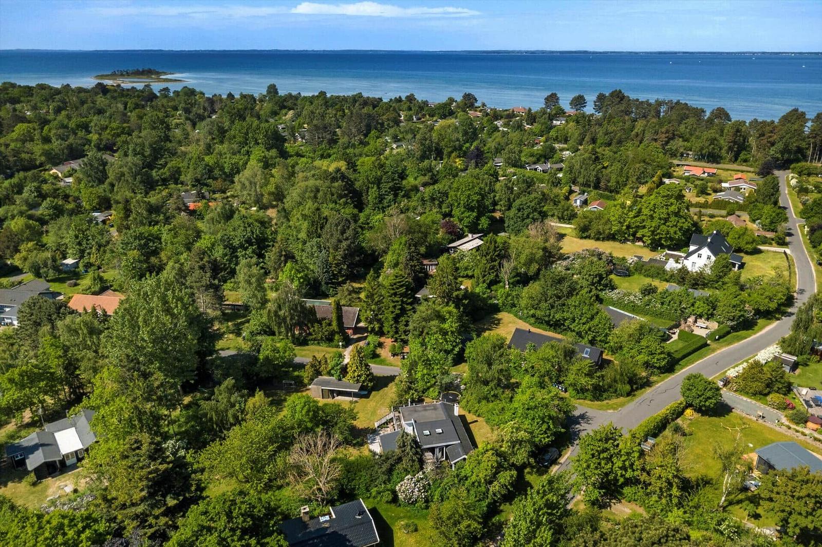 Aerial view of a green residential area with houses and a sea in the background.