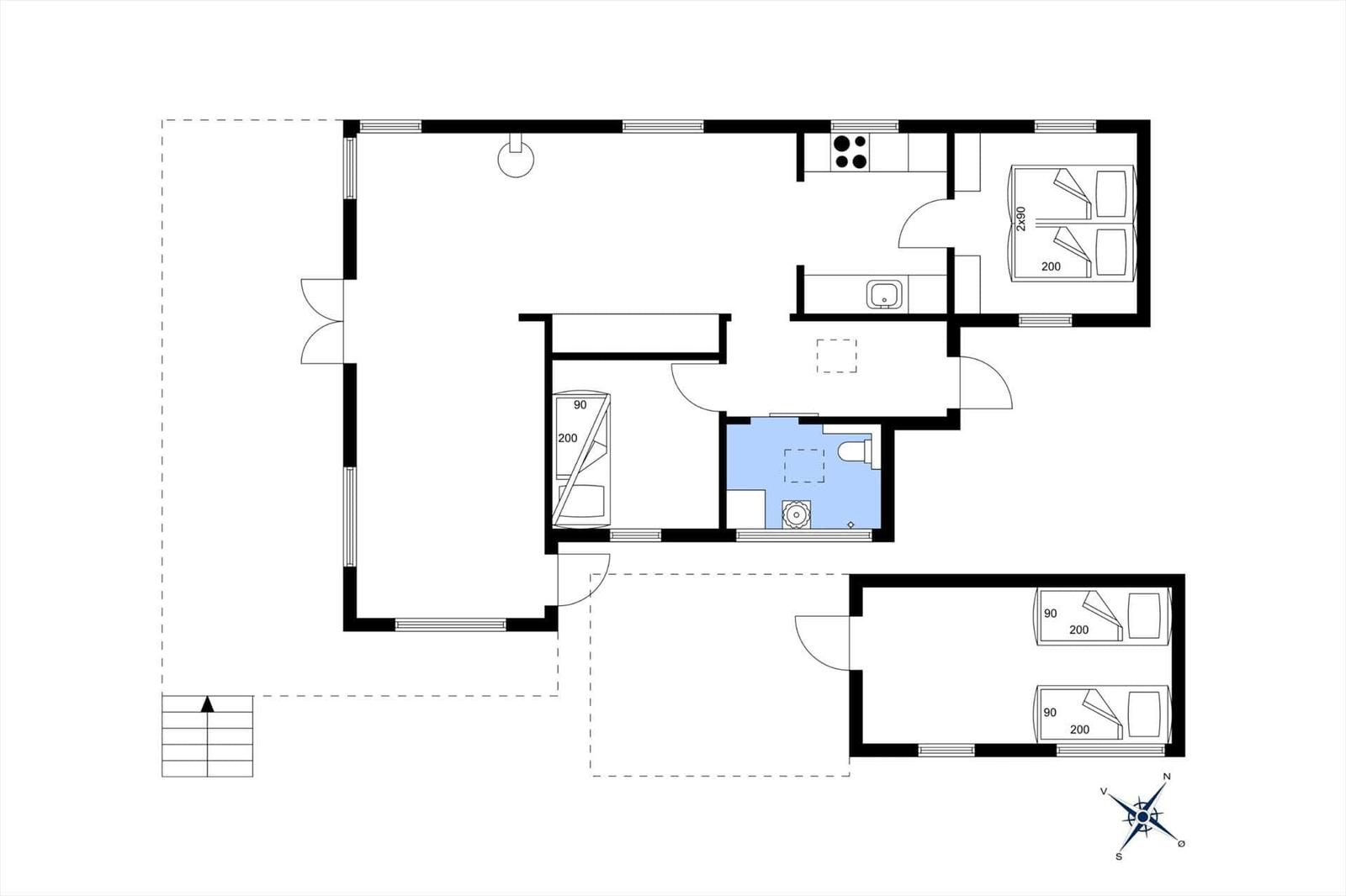 Apartment with kitchen, bathroom, two bedrooms, and living area. Hallway and toilet are also included.
