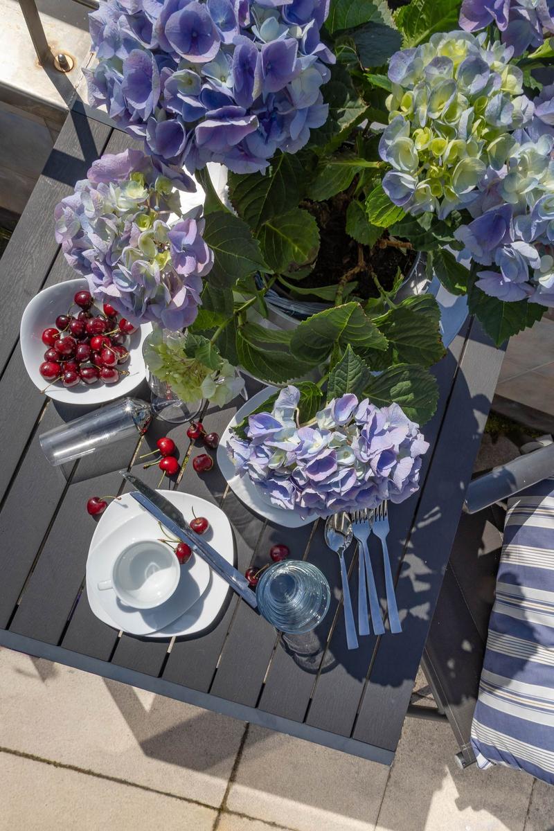 Tisch mit Blumen, Kirschen und Geschirr auf Terrasse