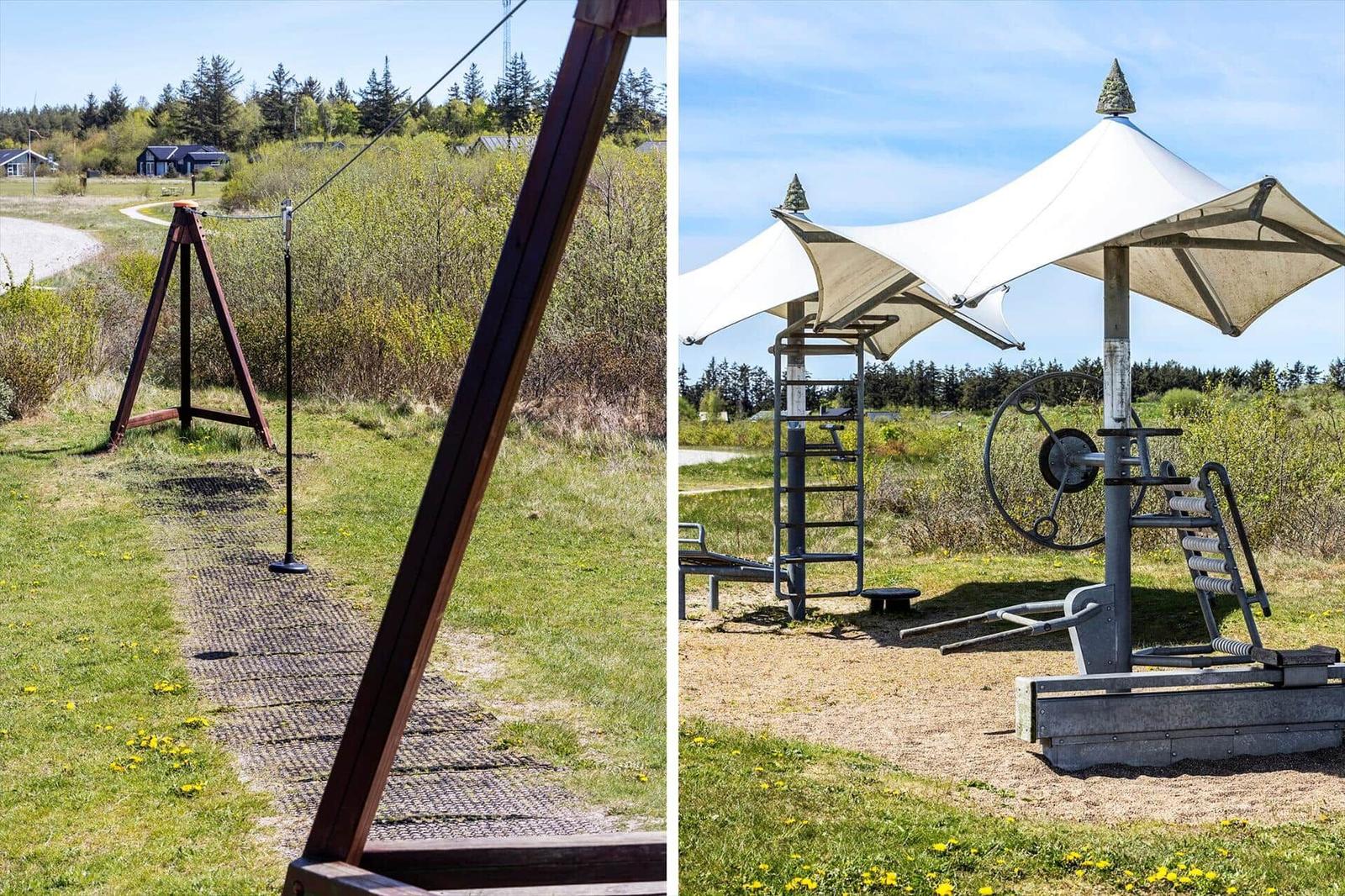 Outdoor area with zip line system and fitness equipment under a white canopy.