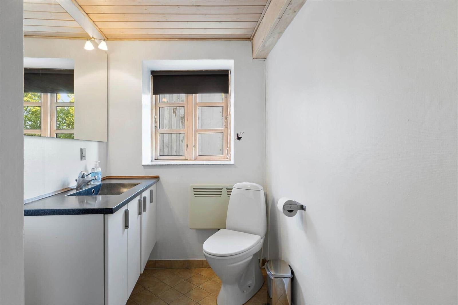 Bathroom with toilet, sink, and window