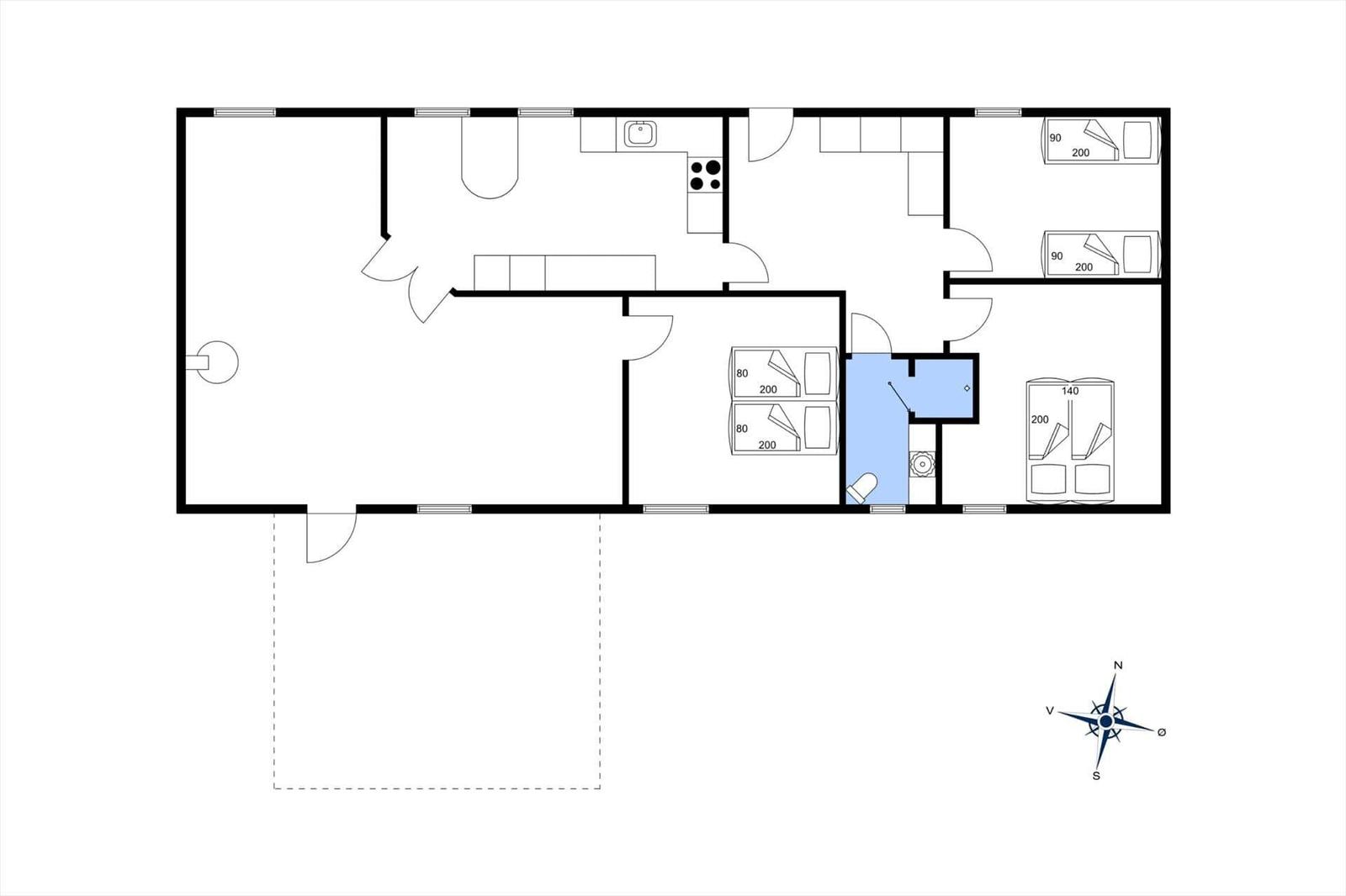 Floor plan with bedrooms, kitchen, and bathroom.