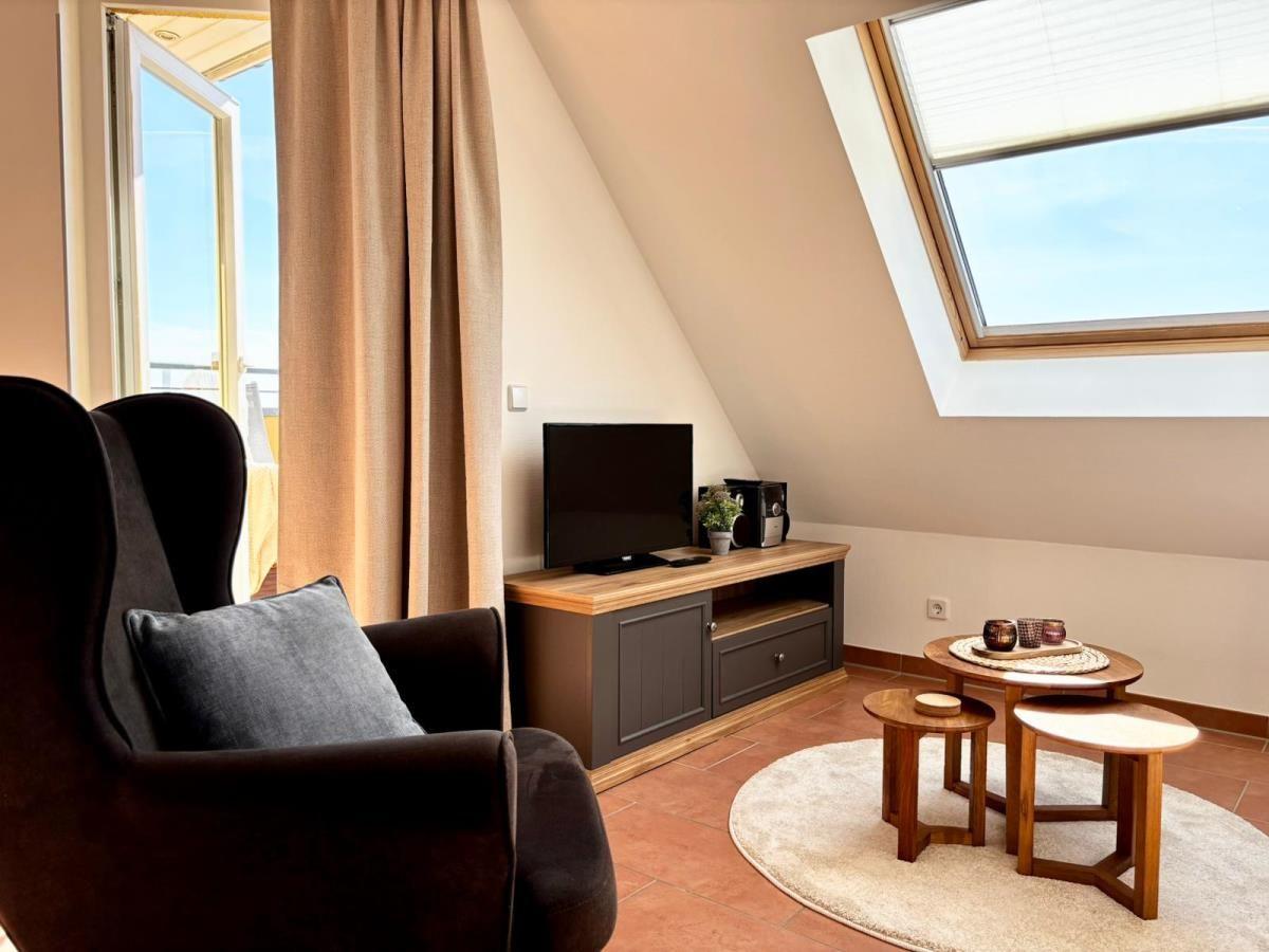 Wohnzimmer mit Sessel, TV und Dachfenster. Holztisch und Teppich auf Terrakottboden.