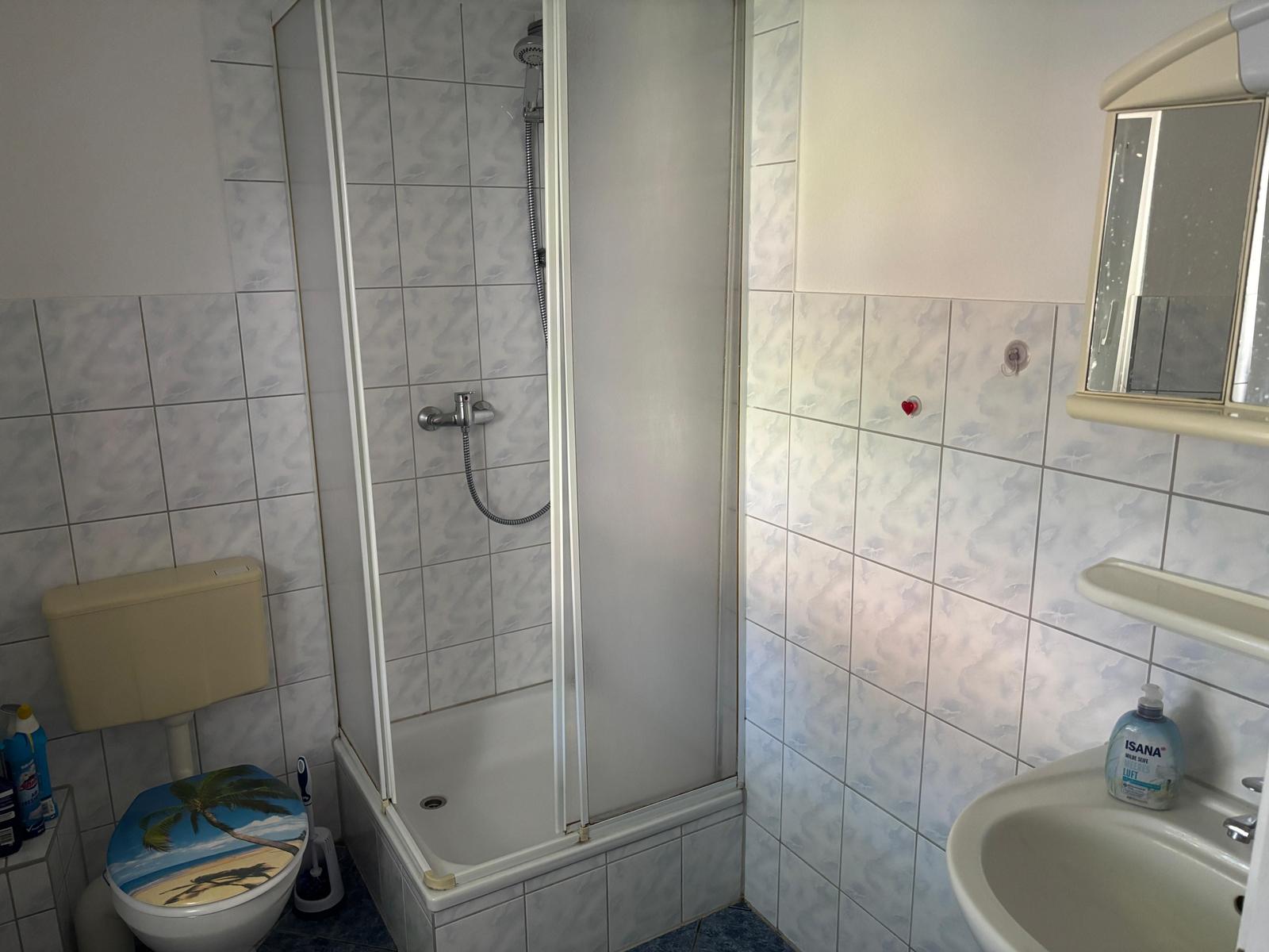 Badezimmer mit Dusche, Toilette und Waschbecken