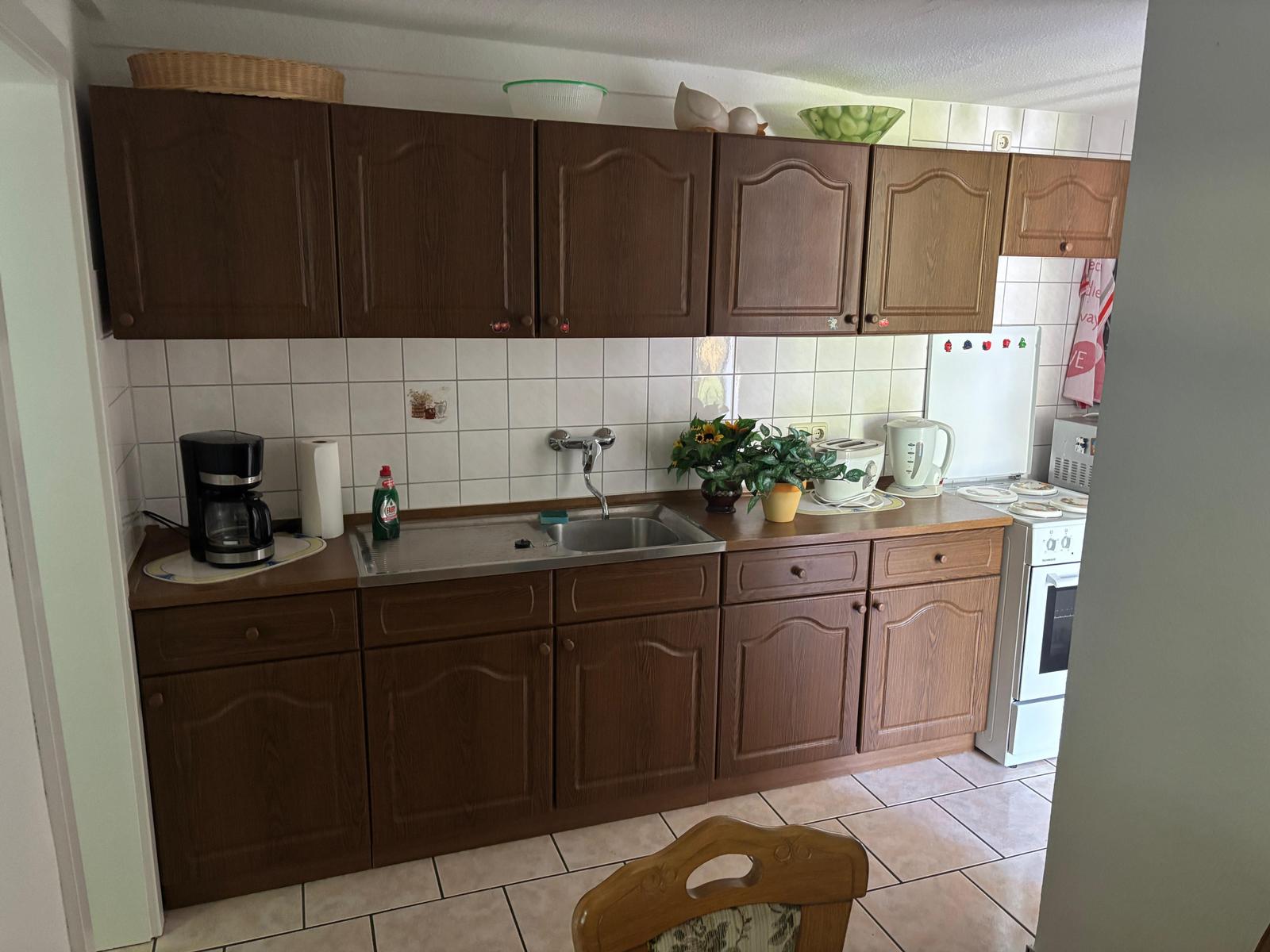 Küche mit Holzschränken, Spüle und Kochfeld