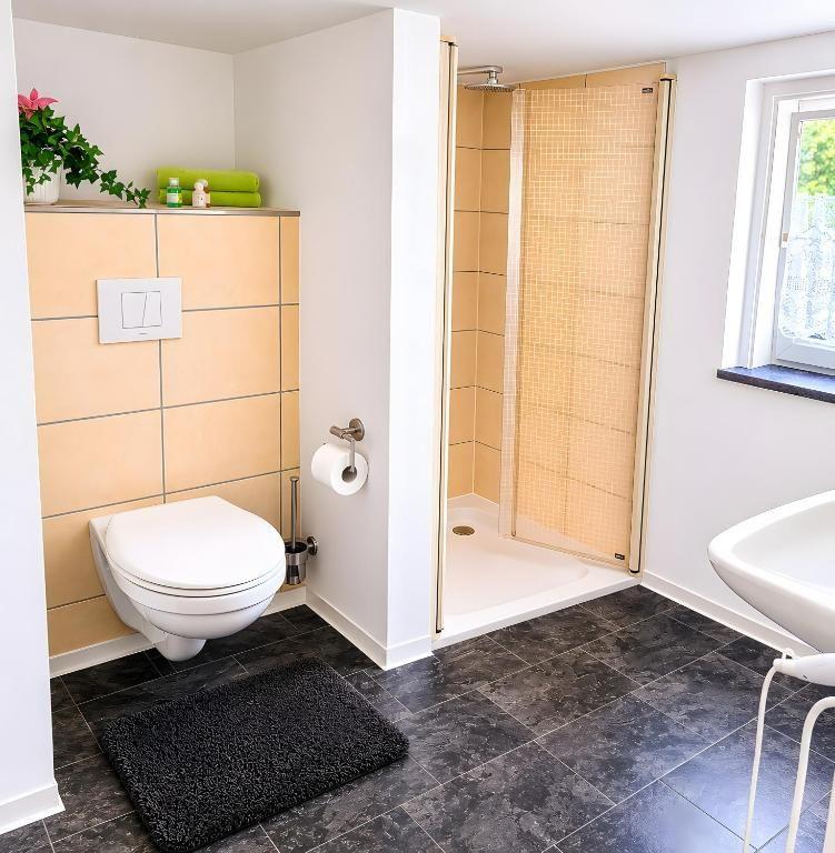 Bad mit Dusche, WC und Waschbecken. Fliesenboden und Fenster.