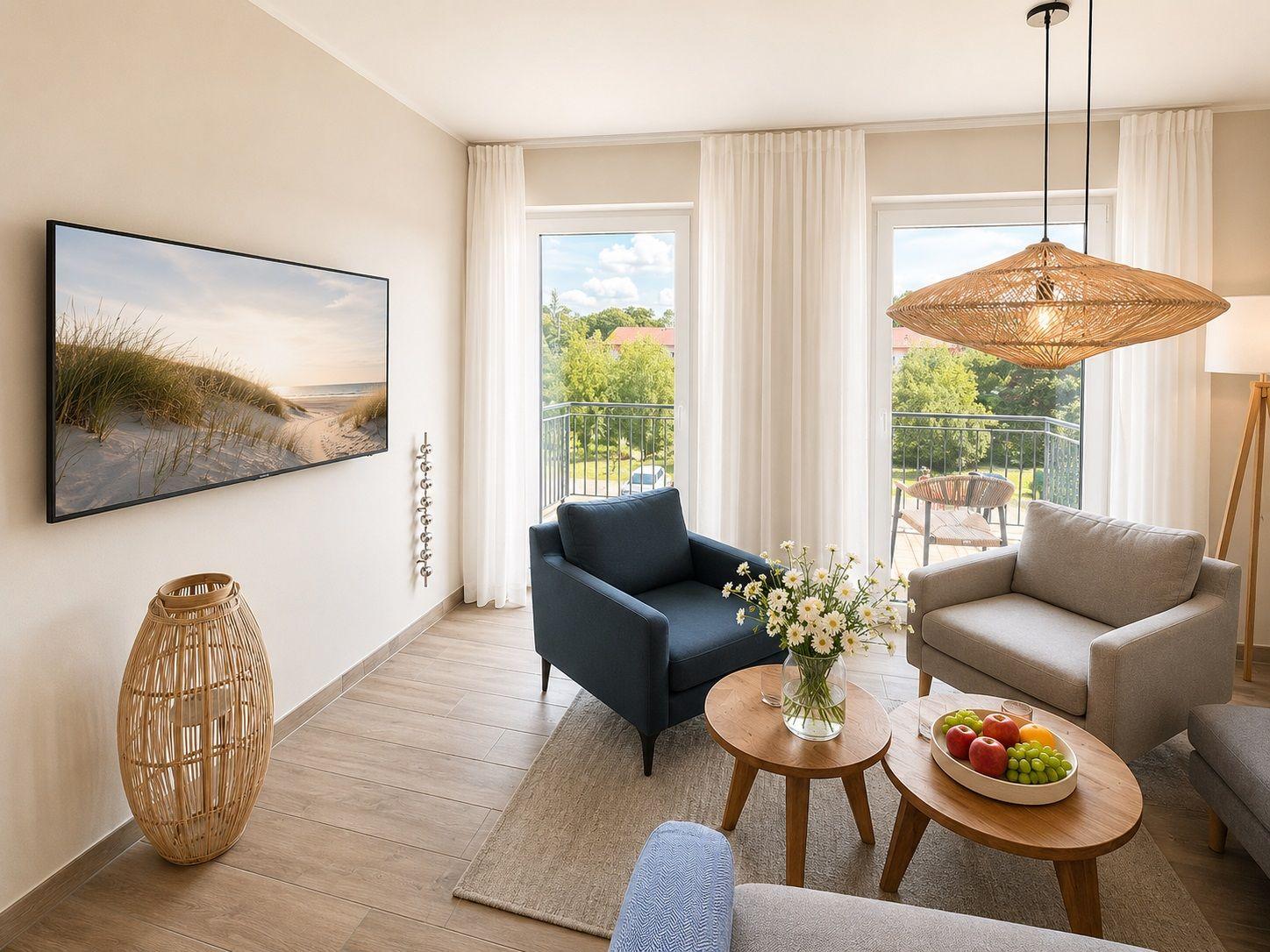 Wohnzimmer mit Sitzgelegenheiten, TV und Balkonansicht.