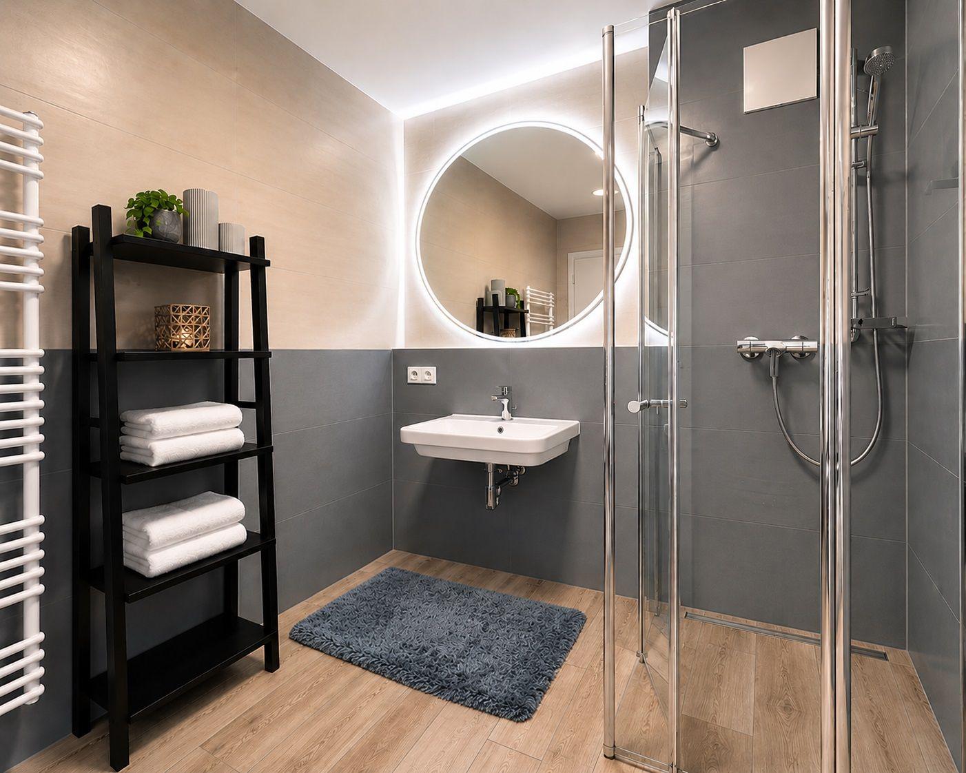 Badezimmer mit Dusche, Waschbecken und Regal. Holzfußboden und graue Fliesen.