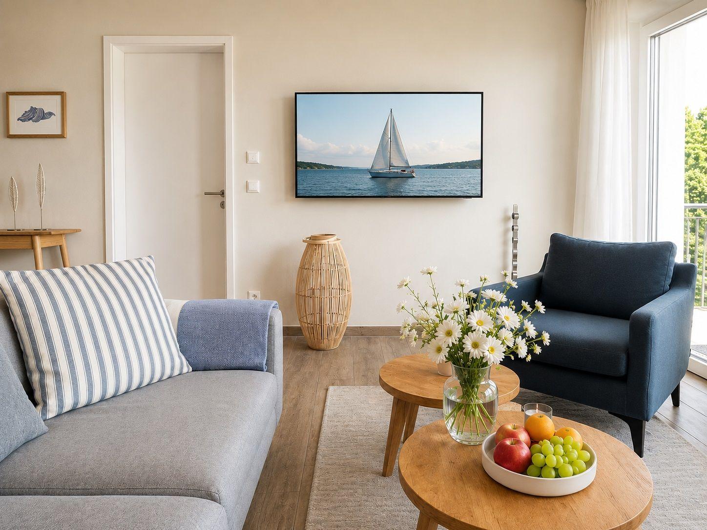 Wohnzimmer mit Sofa, Sessel, Tisch und Fernseher an der Wand.