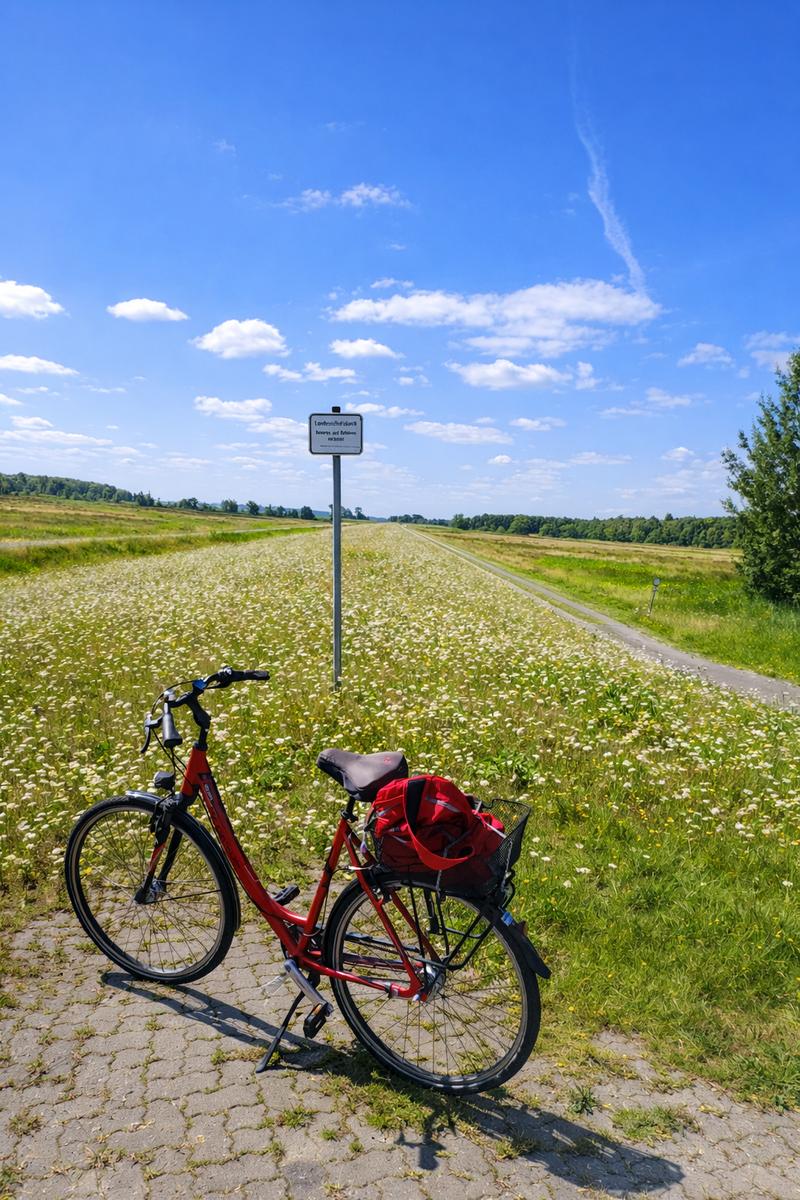 Ein rotes Fahrrad steht auf einem gepflasterten Weg neben einer Wiese mit weißen Blumen.