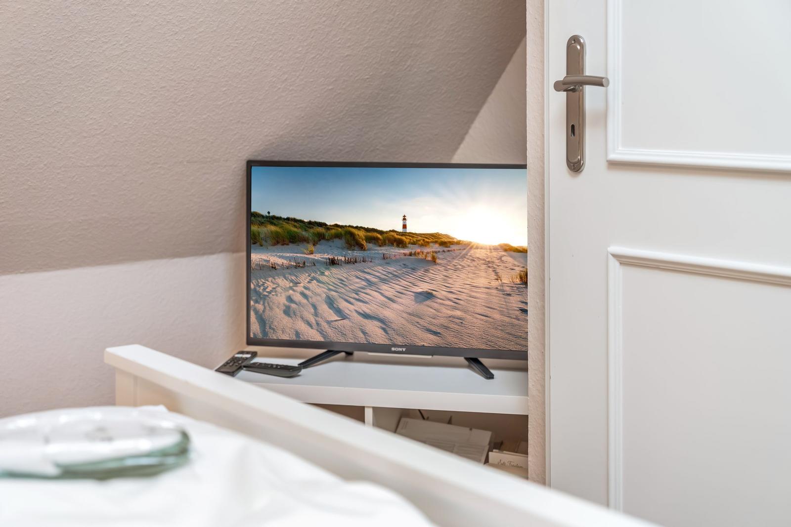 TV on desk next to door with beach image