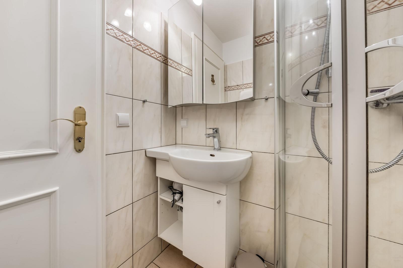 Bathroom with shower, sink, and mirror cabinet