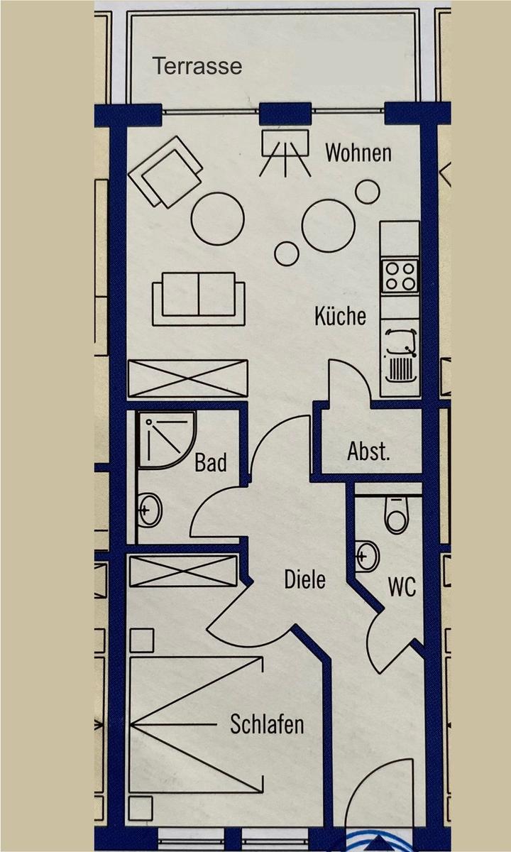 Die Wohnung hat eine Terrasse, Wohn- und Schlafzimmer, Küche, Bad und WC.