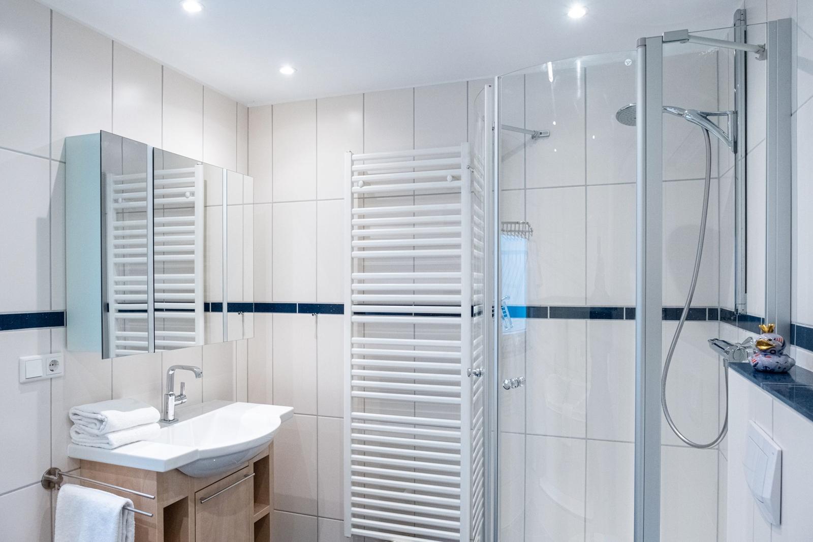 Badezimmer mit Dusche, Waschbecken und Heizkörper.