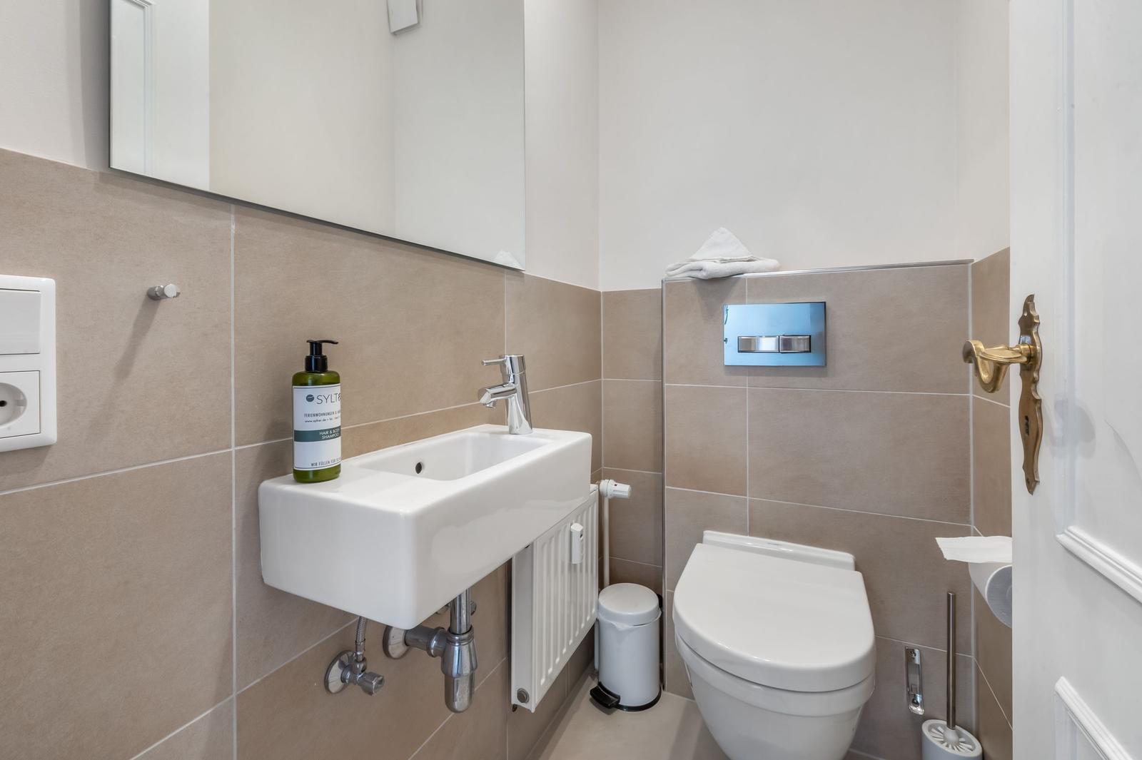 Bathroom with sink, toilet, and mirror on the wall.