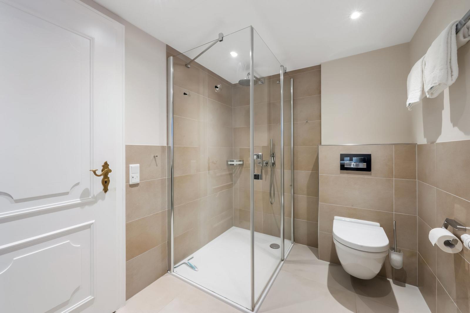 Bathroom with shower, toilet, and towel rack.
