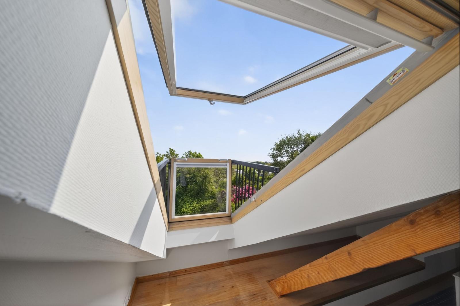 Dachfenster mit Blick auf Balkon und Grünflächen