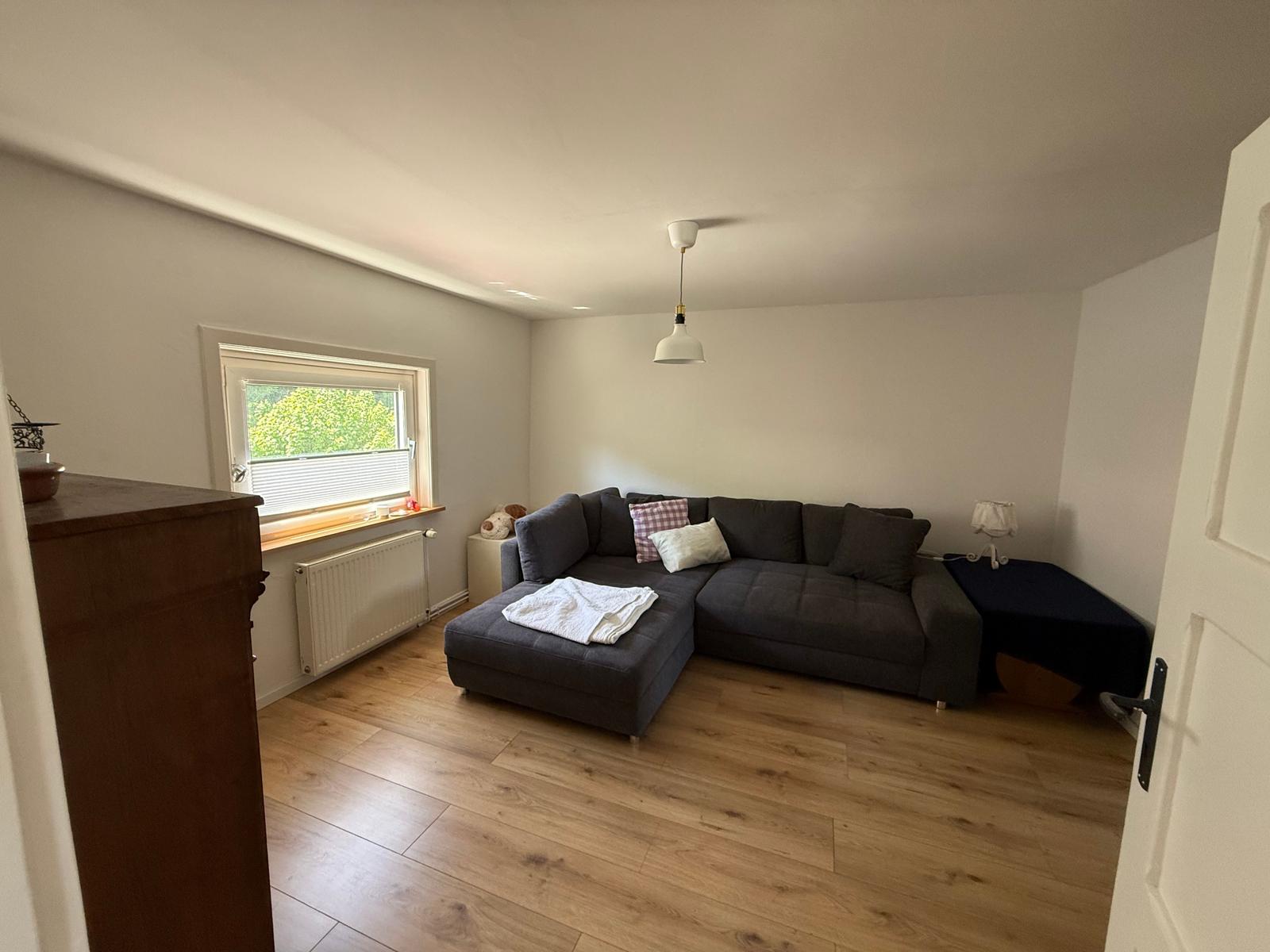 Wohnzimmer mit Ecksofa, Holzboden und Fenster. Deckenleuchte und Kissen.