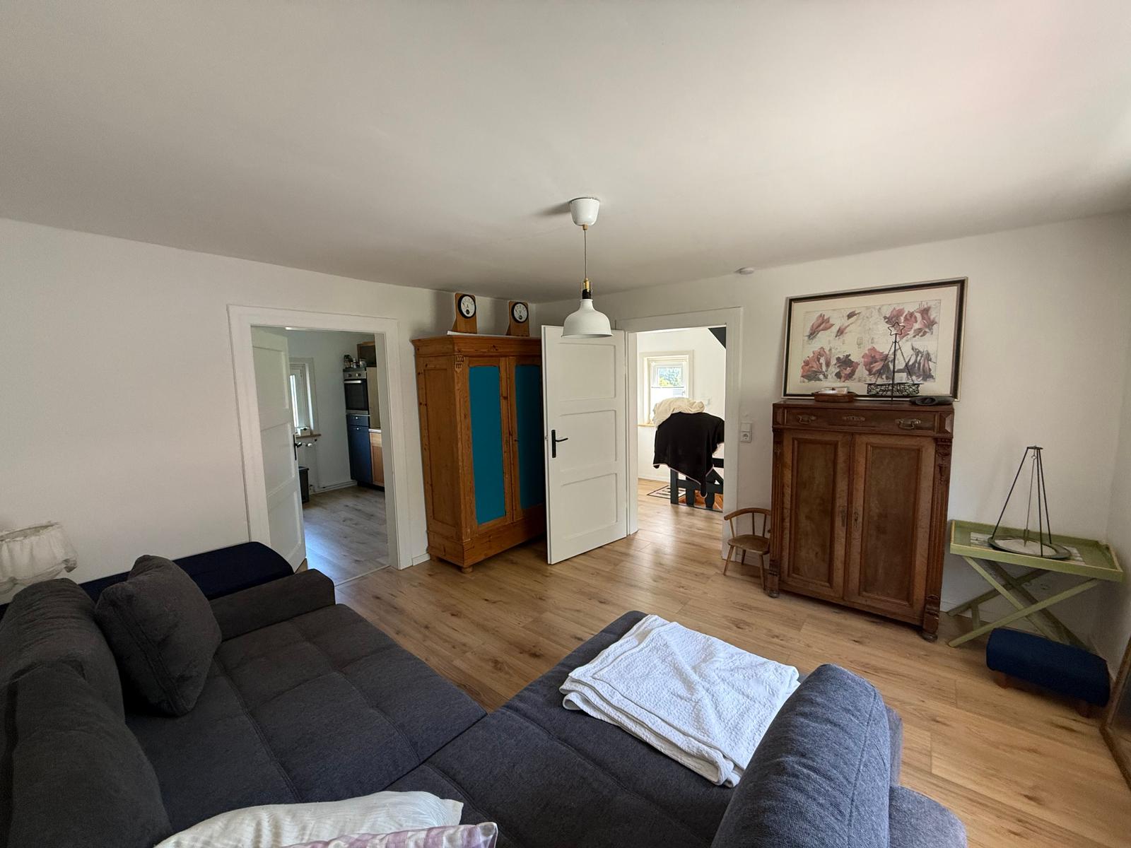 Wohnzimmer mit Sofa, Holzboden und antikem Schrank. Küche und Schlafzimmer sind angebunden.
