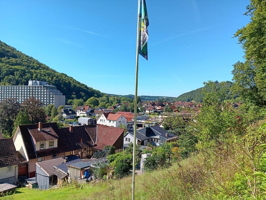 Panoramablick auf ein Dorf mit Häusern und einem Berg im Hintergrund.