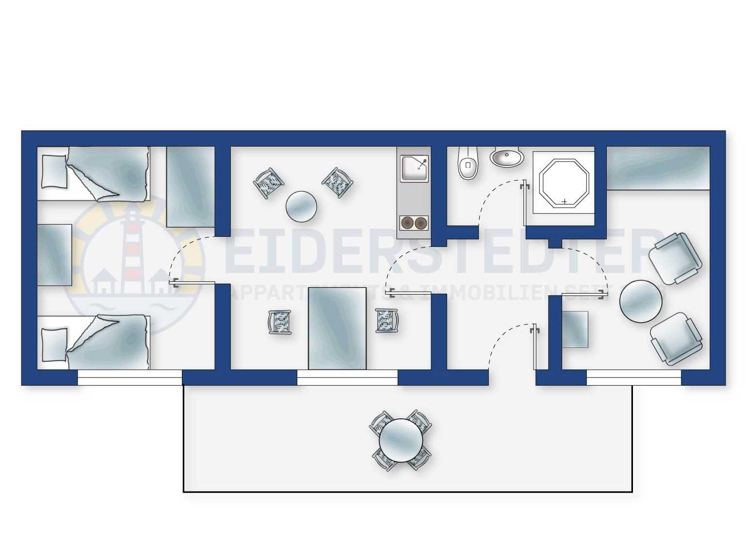 Wohnung mit drei Schlafzimmern, Küche, Bad und Terrasse