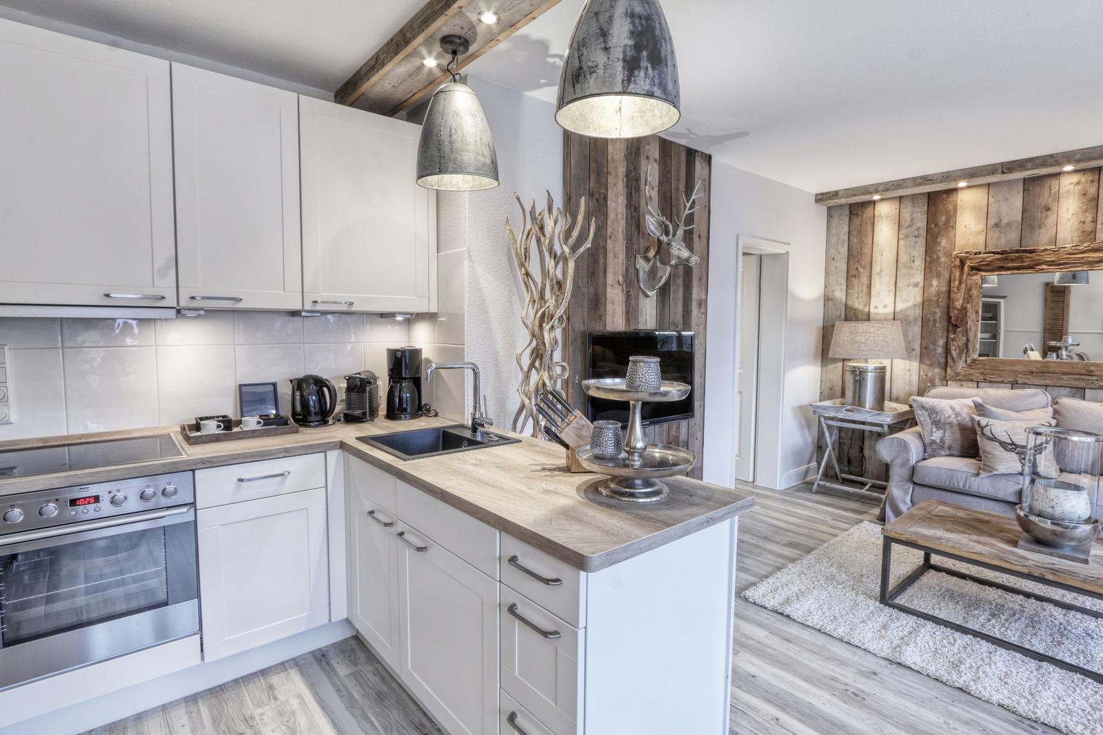 Küche mit Arbeitsplatz und Wohnbereich mit Sofa und Holzwand.