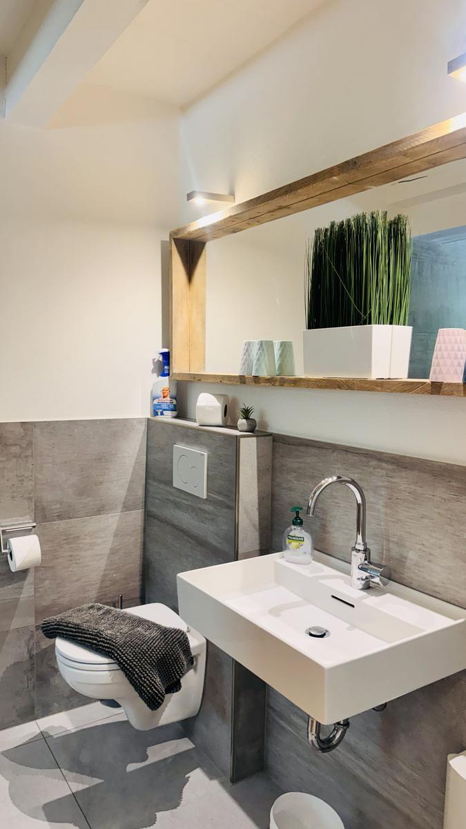 Badezimmer mit Waschbecken, Spiegel und Toilette. Holzrahmen und Pflanze sichtbar.
