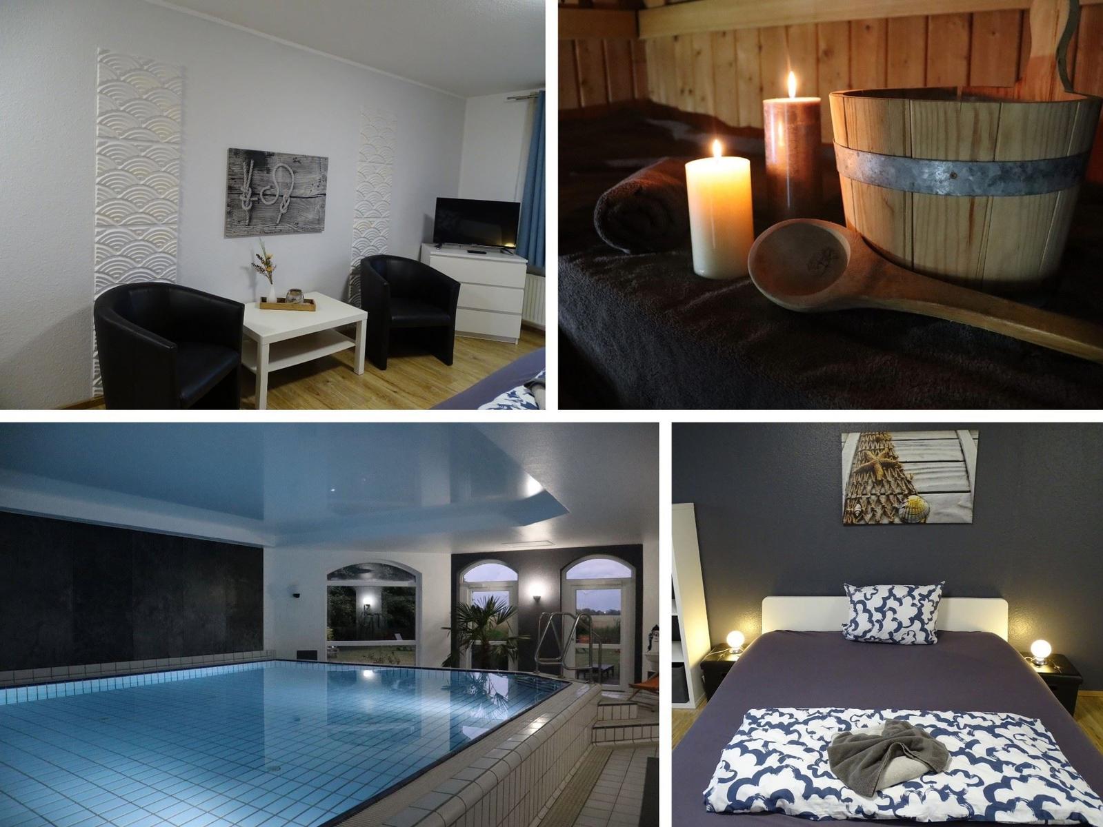 Schlafzimmer mit Bett und Wandbild. Badewanne mit Kerzen. Pool und Wohnzimmer.