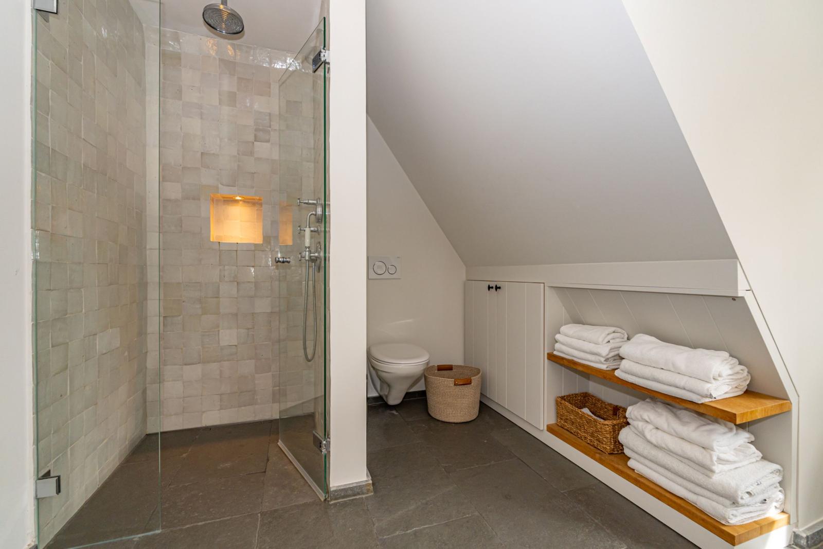 Dusche mit Glaswand, Toilette und Holzregal mit Handtüchern unter Dachschräge.