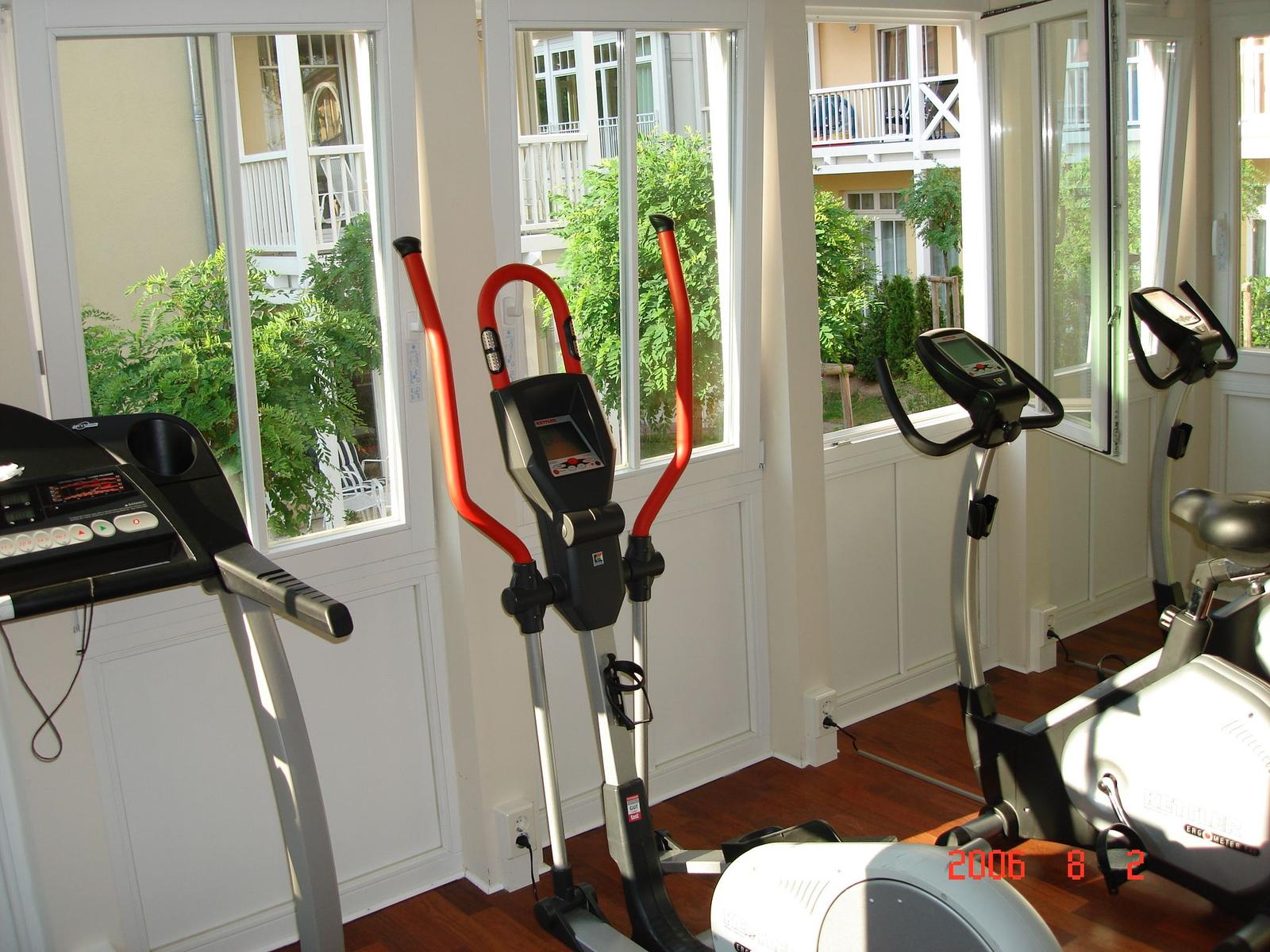 Fitnessraum mit Laufband, Ellipsentrainer und Fahrradtrainer. Große Fenster mit Blick auf Garten.
